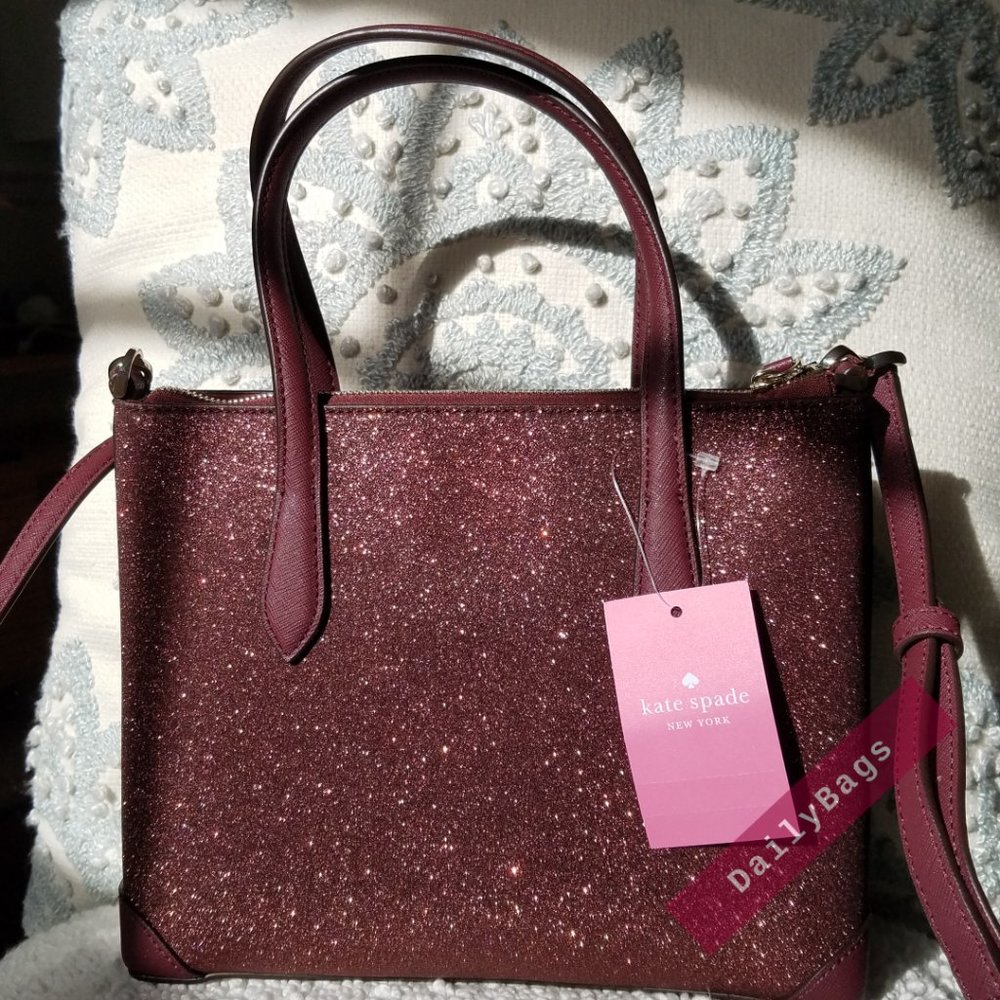 SHIMMY GLITTER IN DEEP NOVA SATCHEL KATE SPADE CROSSBODY BURGUNDY SPARKLES SUN - Picture 7 of 10